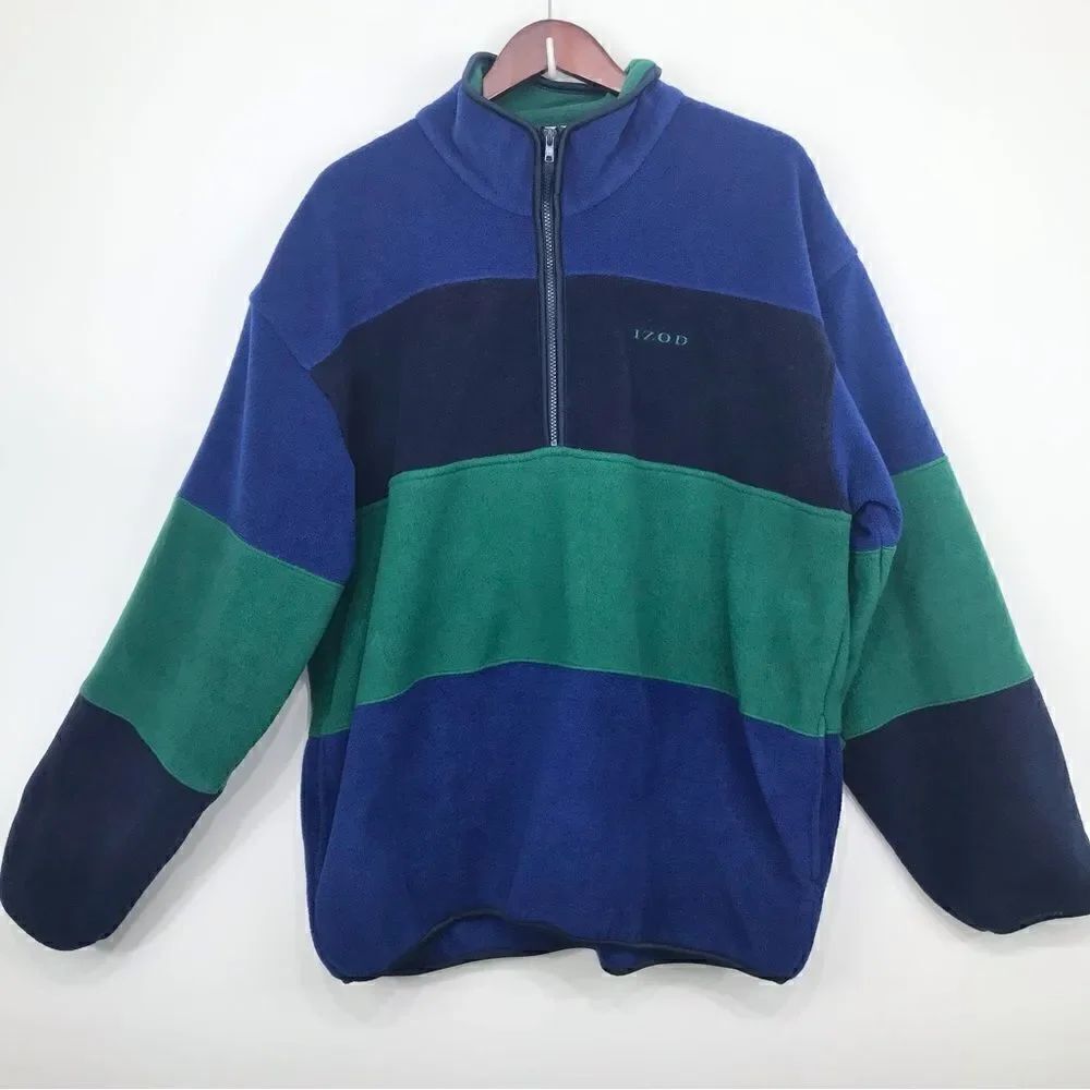 IZOD Blue Green Color Block Stripe Vintage 90’s Quarter Zip Pullover Fleece